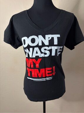 Sz XL - Tultex Black V-Neck Tee with White & Red Typographic Print